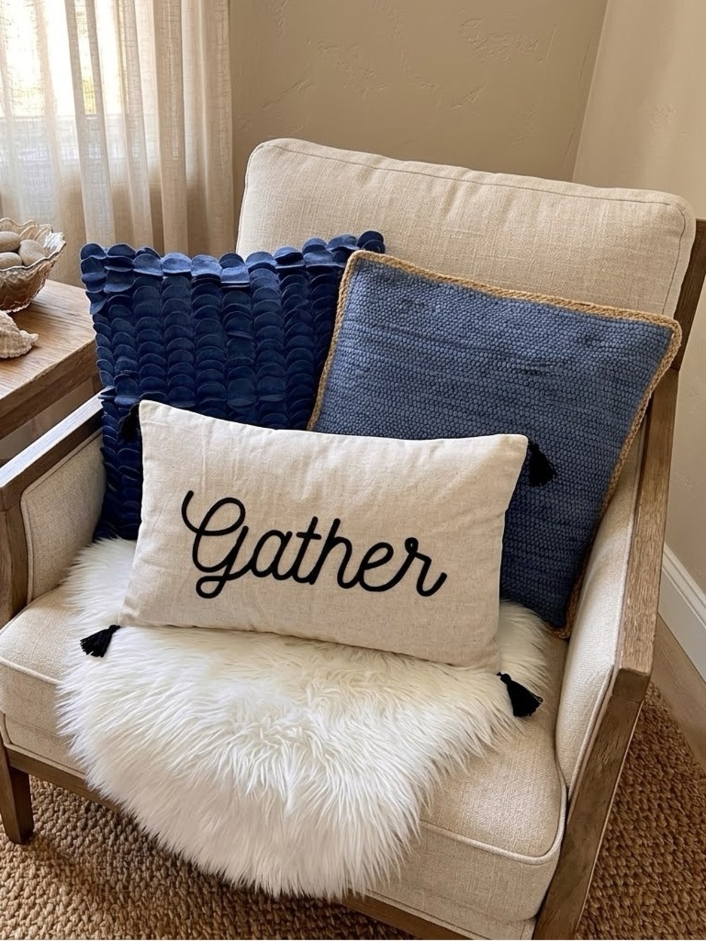 Set of 3 Decorative Throw Pillows Covers Coastal Theme Blue Indigo Textured